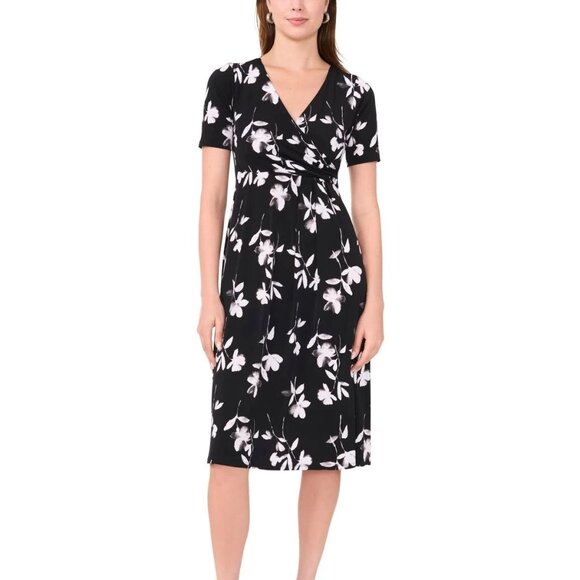 MSK Petite Floral Print Surplice Midi Dress Black White Size PXL - Picture 1 of 5